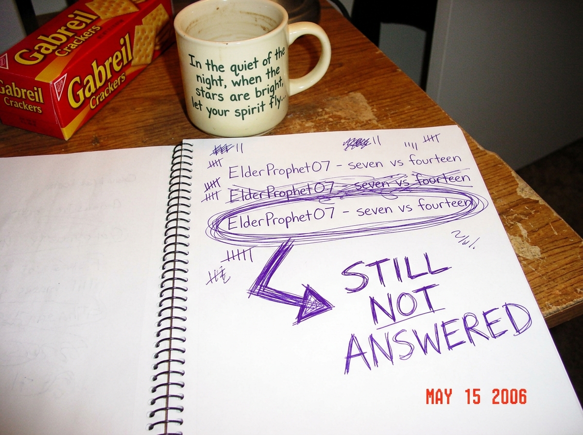 A collage made from a spiral notebook page showing a running tally written in purple ink - 'ElderProphet07 - seven vs fourteen' circled many times, with a crudely drawn arrow pointing to the words 'STILL NOT ANSWERED' in all caps. The notebook is open on a wooden desk next to a box of Gabreil cracke