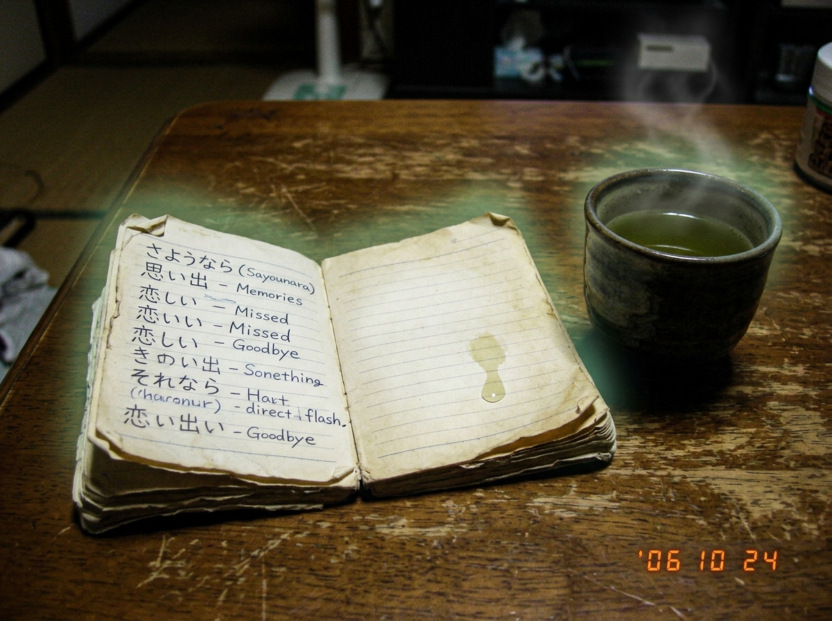 A small, worn notebook with handwritten Japanese characters and English translations, resting on a wooden table. A single green tea cup sits beside it, steam rising gently. The notebook is open to a blank page, and a single tear drop is visible on the page. The background is softly blurred, with a f