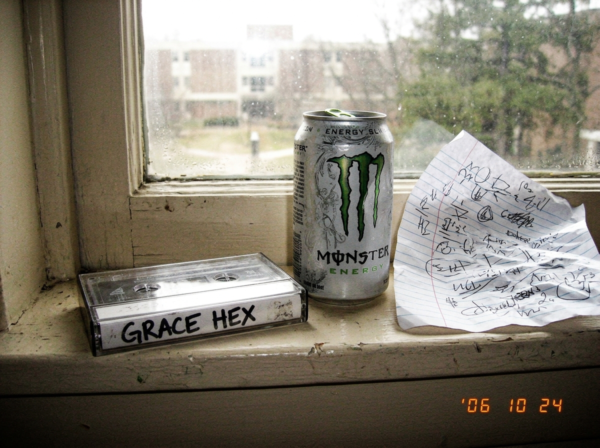 A photo of a cassette tape labeled 'GRACE HEX' sitting on a dorm room windowsill with a half-empty energy drink can and a crumpled up piece of notebook paper with hastily written symbols. The lighting is dim and foggy looking from the afternoon sun coming through the window.