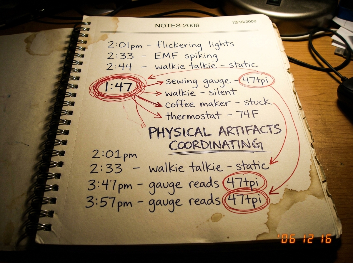 A close-up of a handwritten page from a spiral notebook showing a list of timestamps and physical object readings, with '1:47' circled multiple times in red pen, arrows connecting entries like 'sewing gauge - 47tpi', 'walkie - silent', 'coffee maker - stuck', and at the bottom 'PHYSICAL ARTIFACTS CO