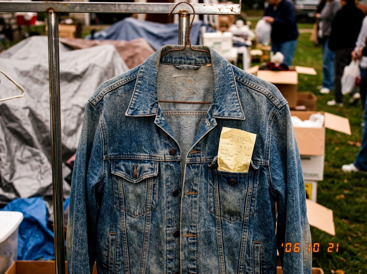 A close-up photo of a faded denim jacket hanging on a wire hanger at a yard sale, with a yellowed store receipt visible in the pocket