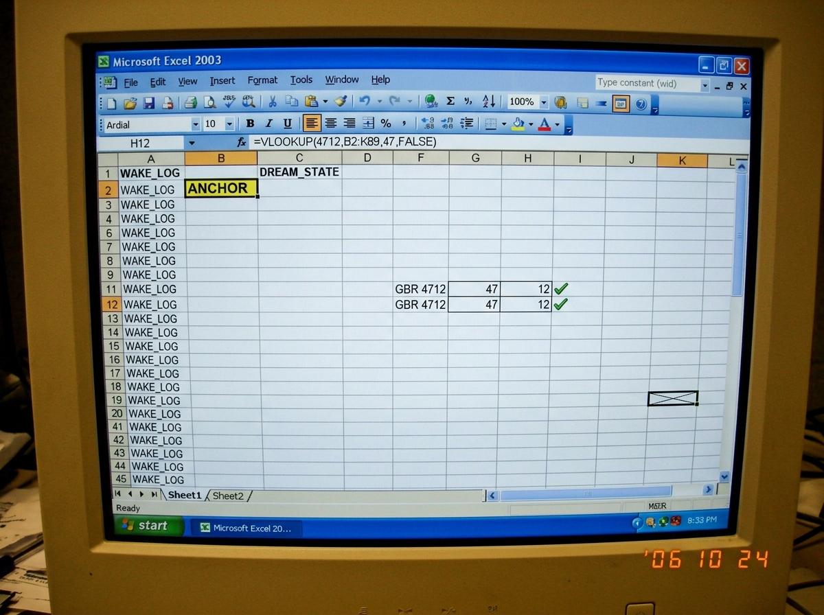 A spreadsheet screenshot with a column labeled 'WAKE_LOG' and another labeled 'DREAM_STATE'. Cell B2 is highlighted in yellow with bold text 'ANCHOR'. Below it, row 12 shows the text 'GBR 4712' parsed into columns 47 and 12 with a green checkmark next to it. Row 45 column K is visibly empty. The for
