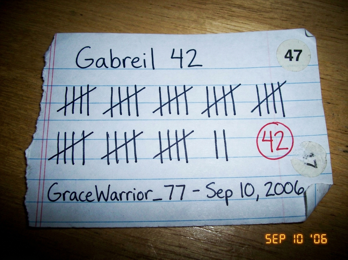 A photograph of a scrap of notebook paper with a tally sheet titled 'Gabreil 42' handwritten at the top. The tally marks are arranged in groups of five, with the 42nd mark circled in red ink. Below is written 'GraceWarrior_77 - Sep 10, 2006' in the same handwriting. A tiny 47 sticker is stuck in the