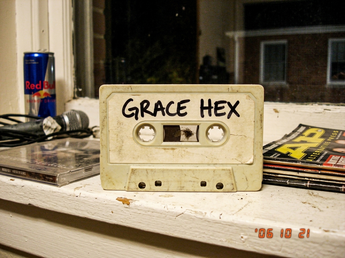 A worn beige cassette tape labeled 'GRACE HEX' in black marker sitting on a dorm room windowsill. The plastic case has a faint yellow tint and there's a small smudge of something dark on the reel visible through the window.