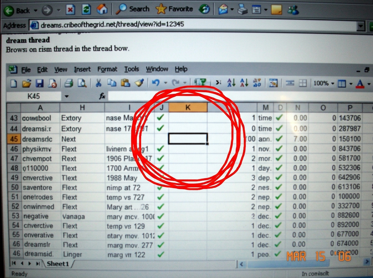 A screenshot of ScribeOfTheGrid's spreadsheet from his dream thread post. Row 45 column K is highlighted with a red circle drawn in MS Paint around the empty cell. The column header shows 'K' and the cell is visibly blank. The rest of the spreadsheet has green checkmarks and parsed data in other cel