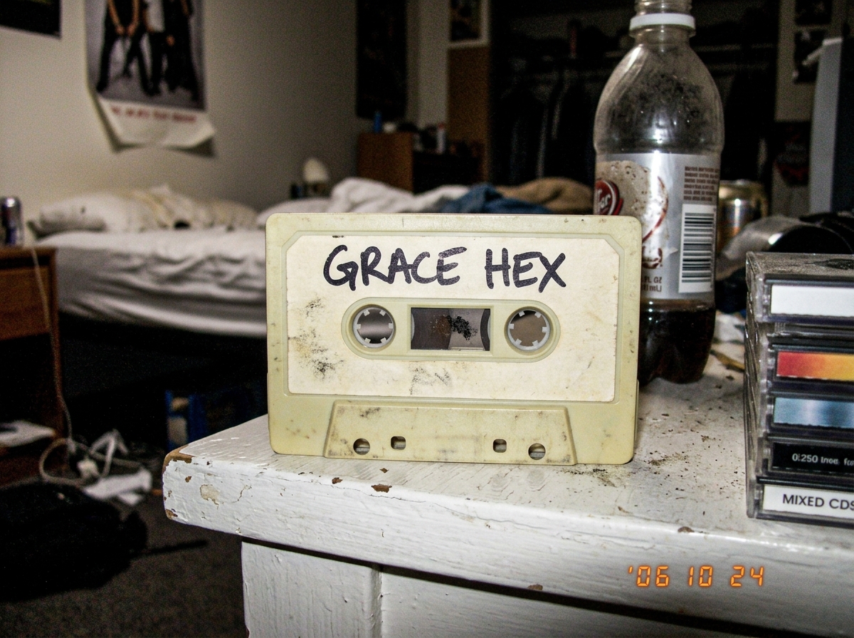 A worn beige cassette tape labeled 'GRACE HEX' in black marker sitting on a dorm room windowsill. The plastic case has a faint yellow tint and there's a small smudge of something dark on the reel visible through the window.