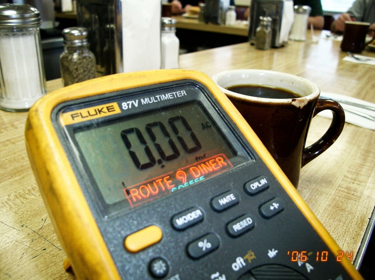 A blurry close-up photo of a Fluke 87V multimeter lying on a diner counter next to a coffee mug. The meter displays 0.00 AC voltage. The cracked neon coffee cup sign from the Route 9 diner is reflected faintly in the meter's screen. The photo has that sickly fluorescent yellow lighting described in 