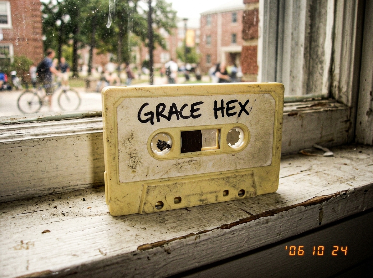 A worn beige cassette tape labeled 'GRACE HEX' in black marker sitting on a dorm room windowsill. The plastic case has a faint yellow tint and there's a small smudge of something dark on the reel visible through the window.