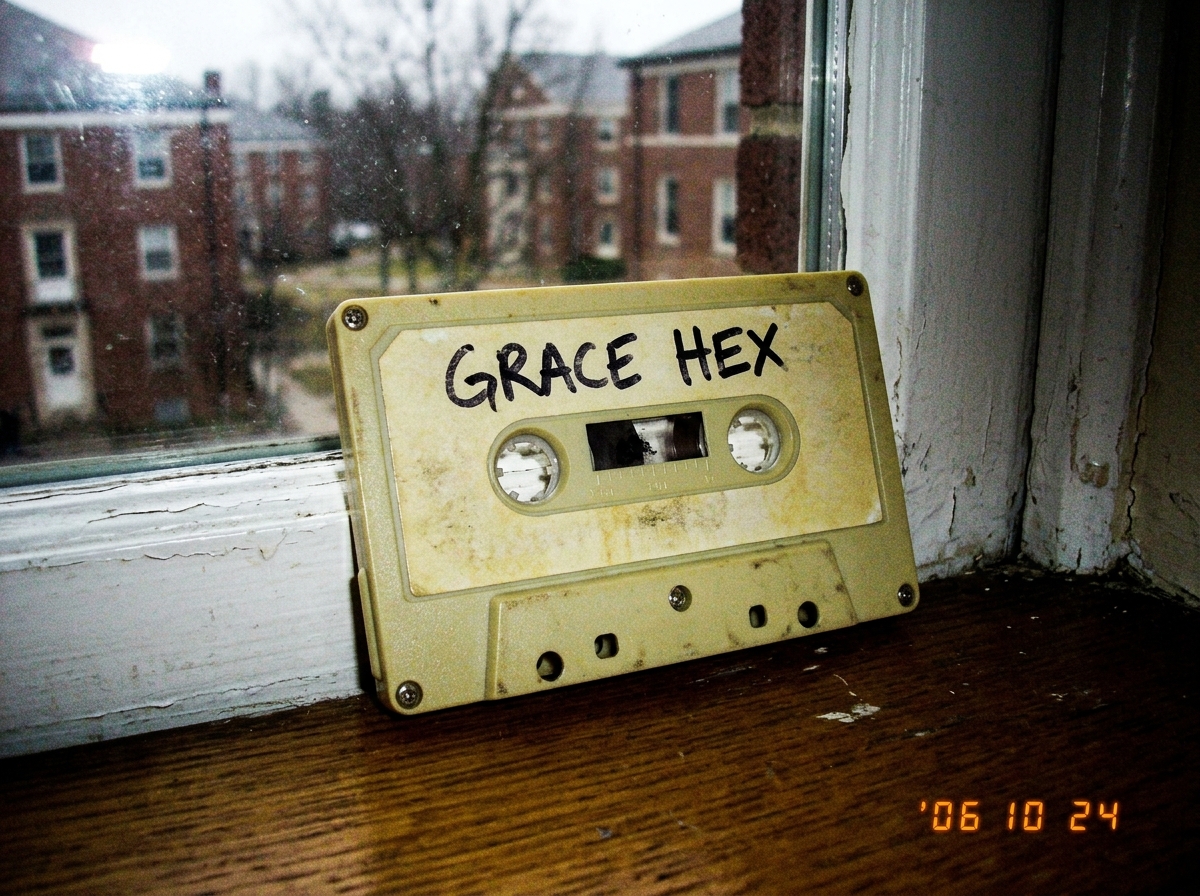 A worn beige cassette tape labeled 'GRACE HEX' in black marker sitting on a dorm room windowsill. The plastic case has a faint yellow tint and there's a small smudge of something dark on the reel visible through the window.