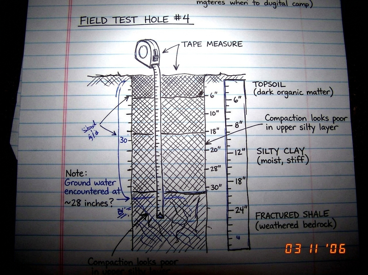 A hand-drawn diagram on lined notebook paper showing a tape being lowered into a hole in the ground, with soil layers labeled in block letters, and a ruler drawn next to the hole with measurements. The handwriting is meticulous, almost obsessive.