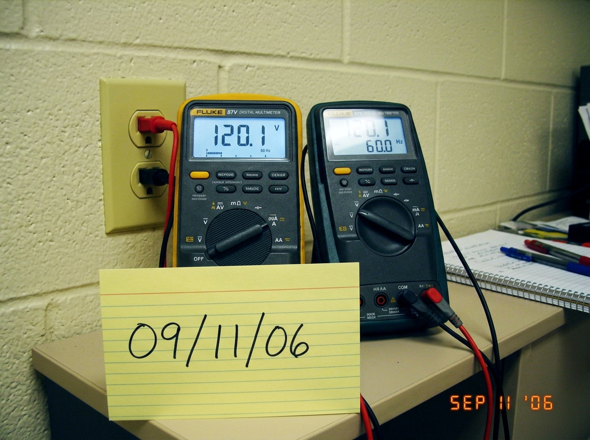 Fluke 87V multimeter on a yellow dorm wall outlet, reading 120.1V and 60.0Hz. A yellow index card in the foreground shows the date 09/11/06 written in neat block capitals. The background is a standard dorm room cinderblock wall.