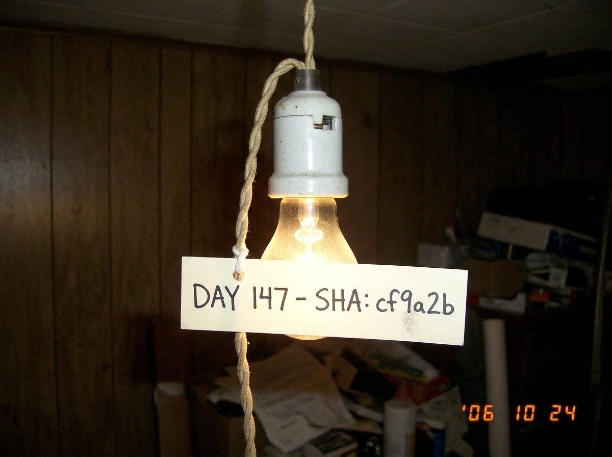 A blurry digital photo of a 60-watt lightbulb in a socket with a handwritten paper tag tied to the cord reading 'DAY 147 - SHA: cf9a2b' in the same meticulous block-letter handwriting as the archive diagram