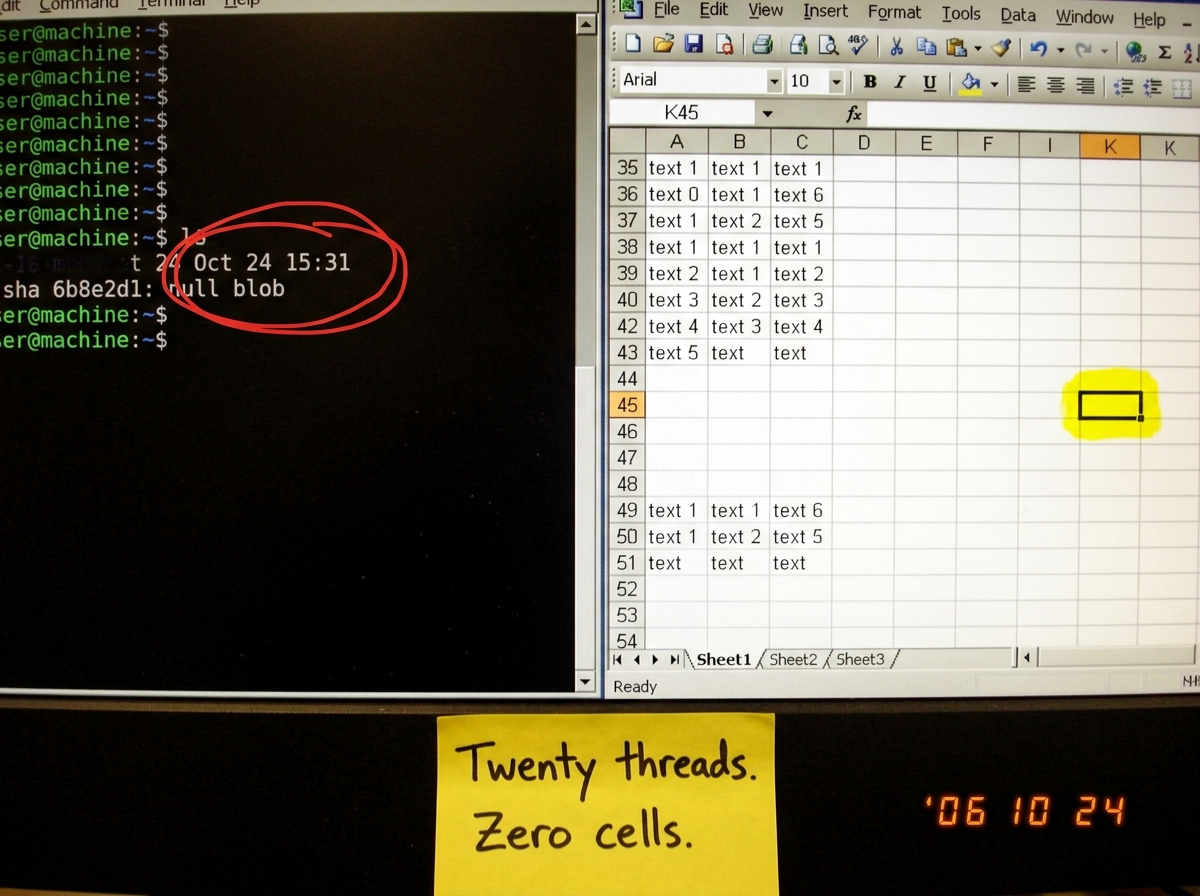 A split image: left side is a terminal window showing 'sha 6b8e2d1: null blob' in green monospace text with the date circled in red marker, right side is a spreadsheet screenshot showing columns A through K with row 45 entirely blank, the K column cell highlighted in yellow with nothing in it. A han