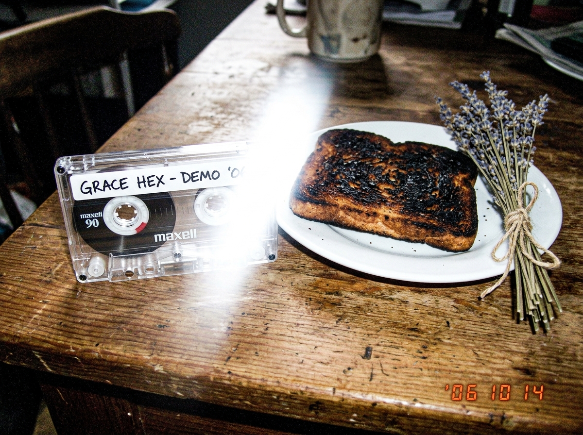 A photo of a GRACE HEX cassette tape sitting on a wooden table next to a slice of burnt toast and a small bundle of dried lavender, with a cheap digital camera flash glare across the image