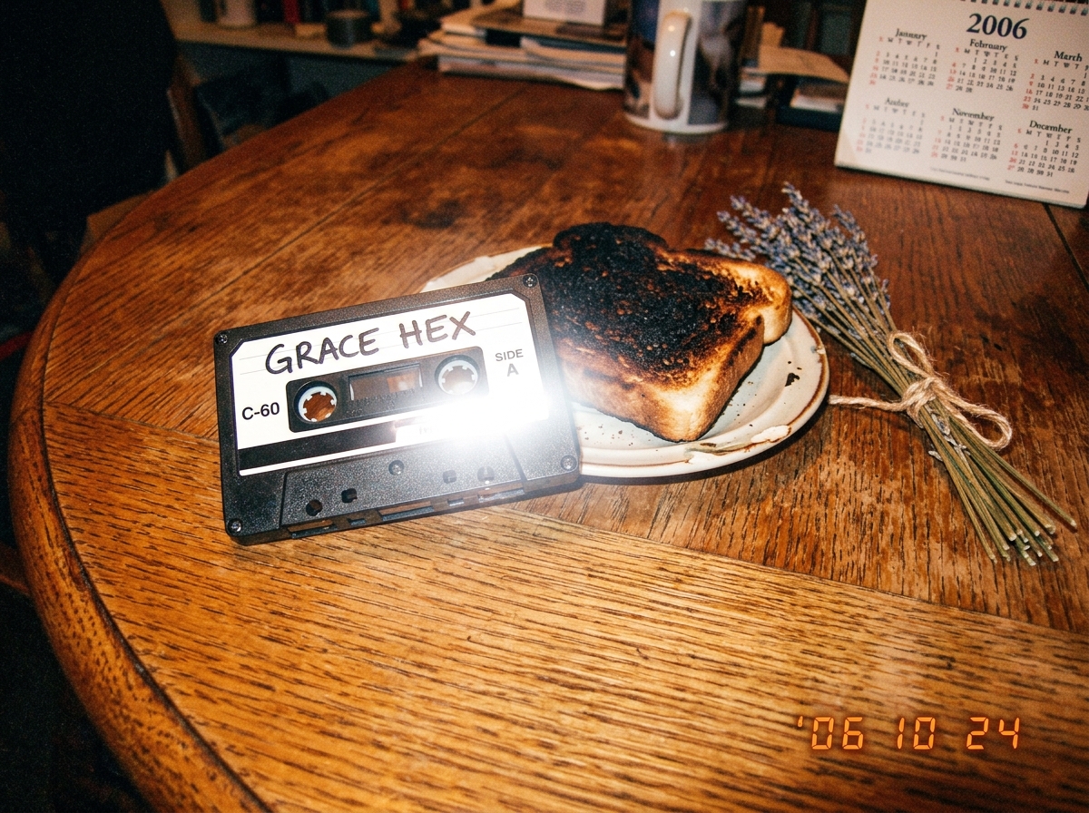 A photo of a GRACE HEX cassette tape sitting on a wooden table next to a slice of burnt toast and a small bundle of dried lavender, with a cheap digital camera flash glare across the image