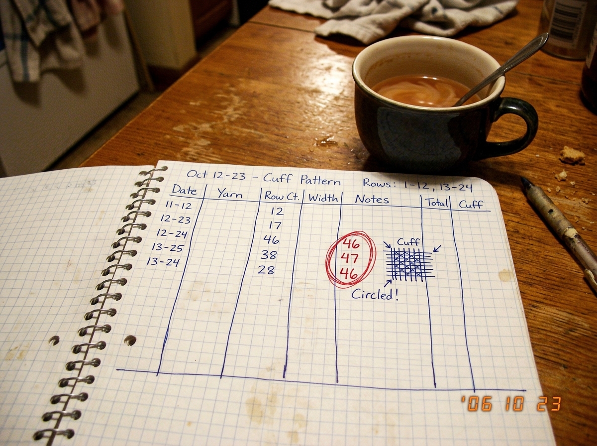 A photo of a handwritten notebook page showing a grid drawn in blue ink, 7 columns across, with the numbers 46-47-46 circled in red pen next to a small sketch of a cuff fabric weave. The notebook is open on a kitchen table next to a half-empty mug of tea.