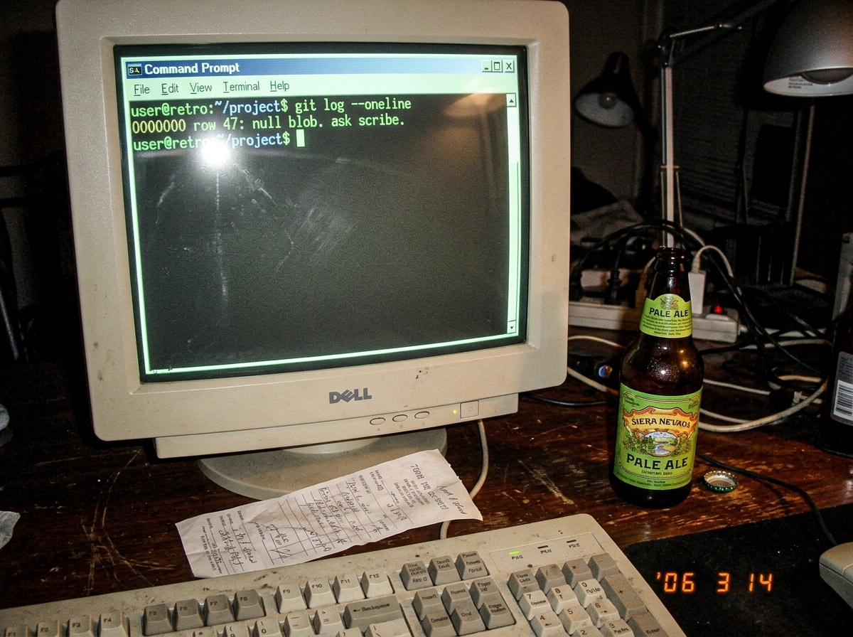 A screenshot of a terminal window showing 'git log --oneline' with a single commit hash '0000000' and the message 'row 47: null blob. ask scribe.' The terminal is on a CRT monitor with a beer bottle visible next to it and a crumpled receipt on the desk.