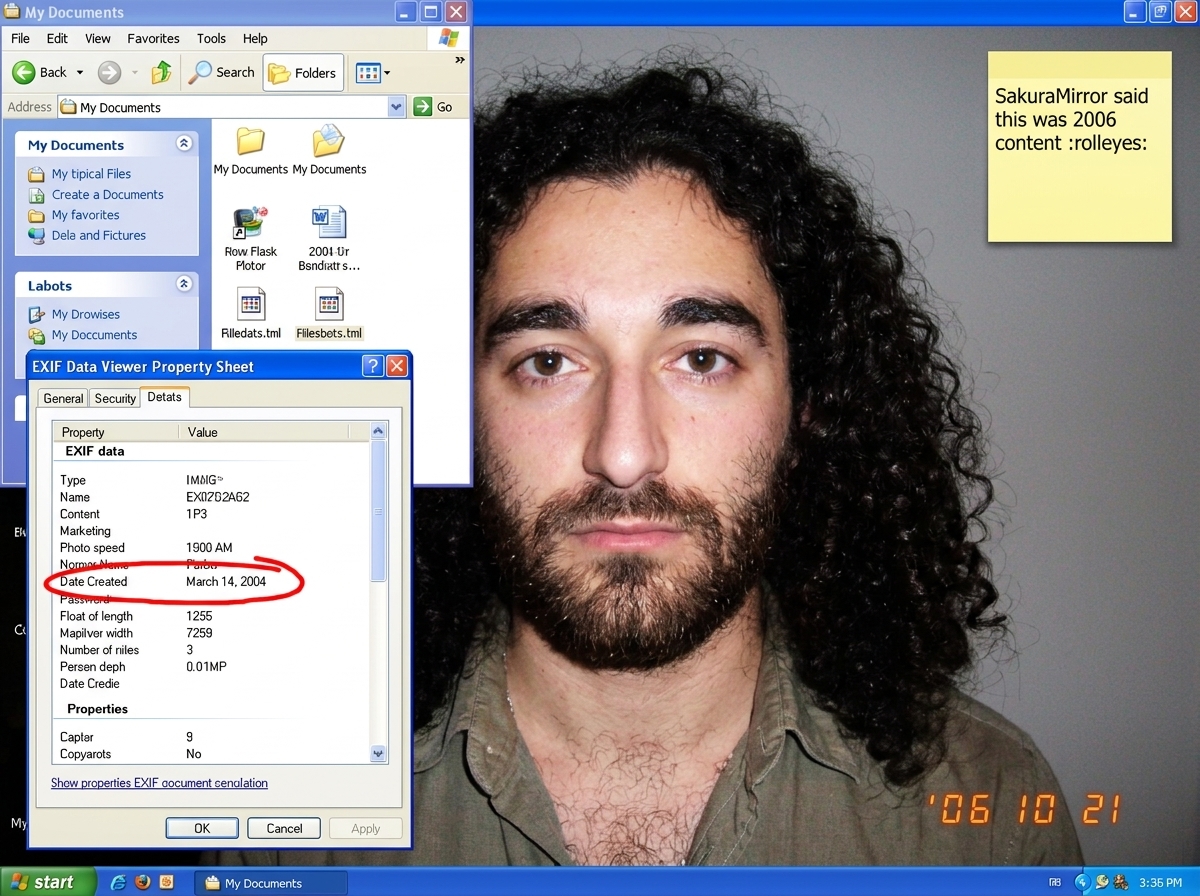 A screenshot of image EXIF data on a Windows XP desktop showing 'Date Created: March 14, 2004' circled in red. The desktop has a Gabriel Chantayan wallpaper and a My Documents folder open. A sticky note in the corner says 'SakuraMirror said this was 2006 content :rolleyes:'