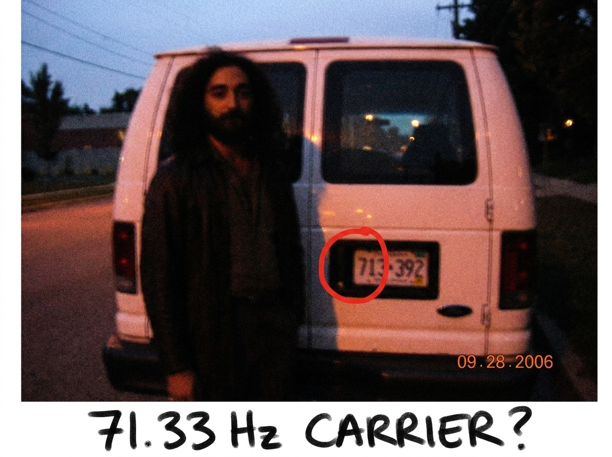 A blurry photo of a man's silhouette standing in front of a white van at dusk, with the van's license plate partially visible. Someone has drawn a red circle around the first three characters and written '71.33 Hz CARRIER?' in black marker across the bottom of the print.