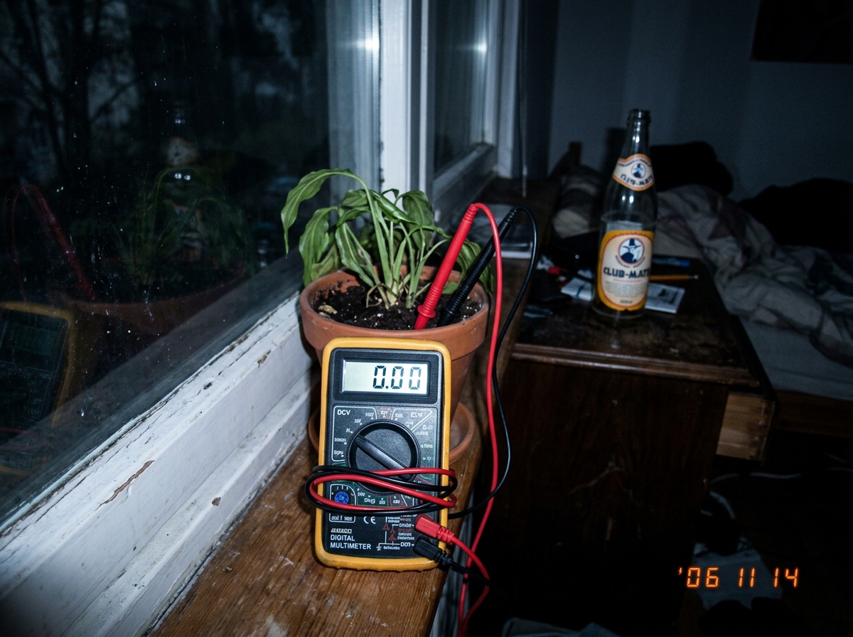 a blurry photo taken in a dark bedroom of a digital multimeter with its probes stuck into the soil of a small potted plant on a windowsill. The multimeter display reads 0.00. A half-empty bottle of Club-Mate is visible in the background.
