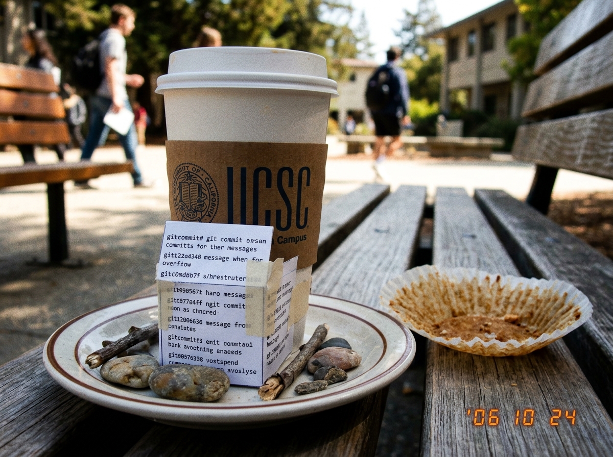 Blurry phone photo of a coffee cup on a UCSC quad bench with a tiny printed shrine of git commit hashes taped to the saucer, next to a crumpled muffin wrapper.