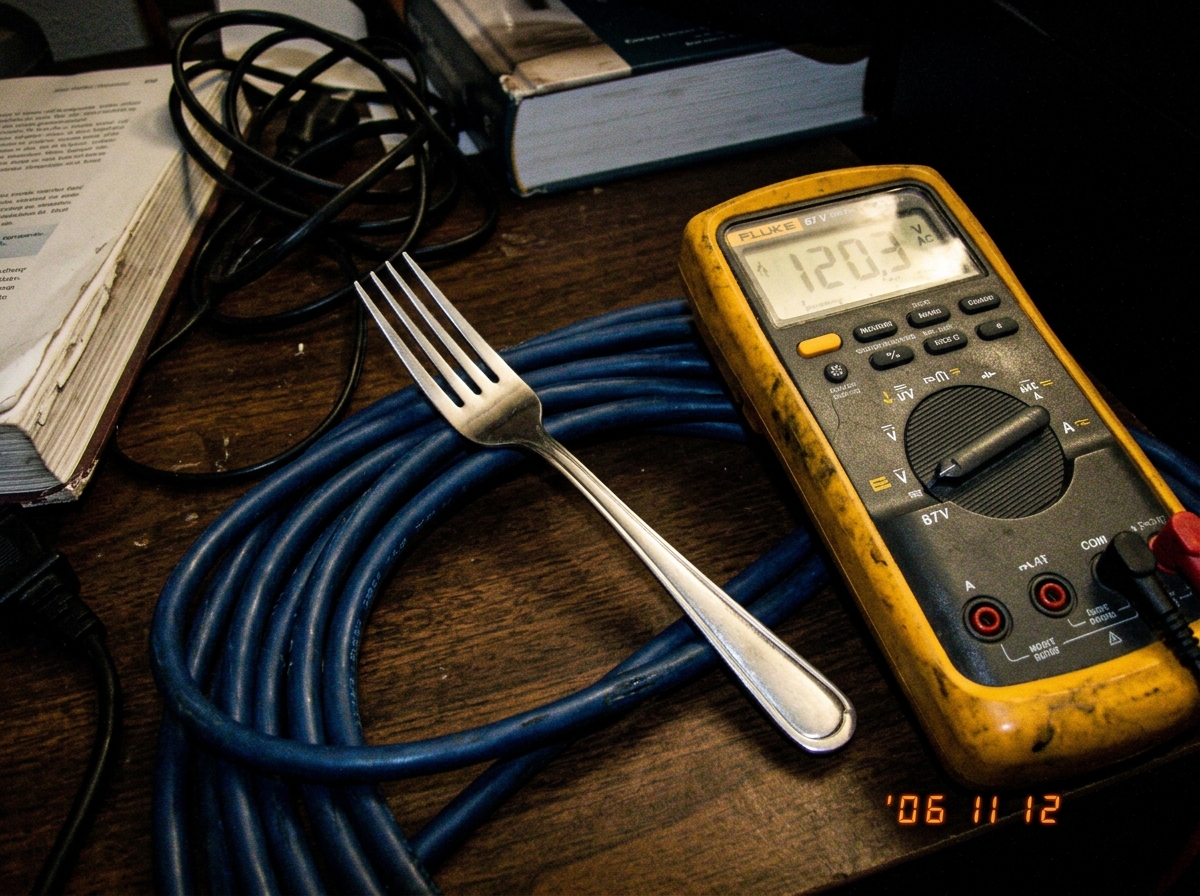 A close-up photo of a stainless steel fork resting on a blue extension cord next to a Fluke multimeter. The lighting is dim, like a dorm room at night.
