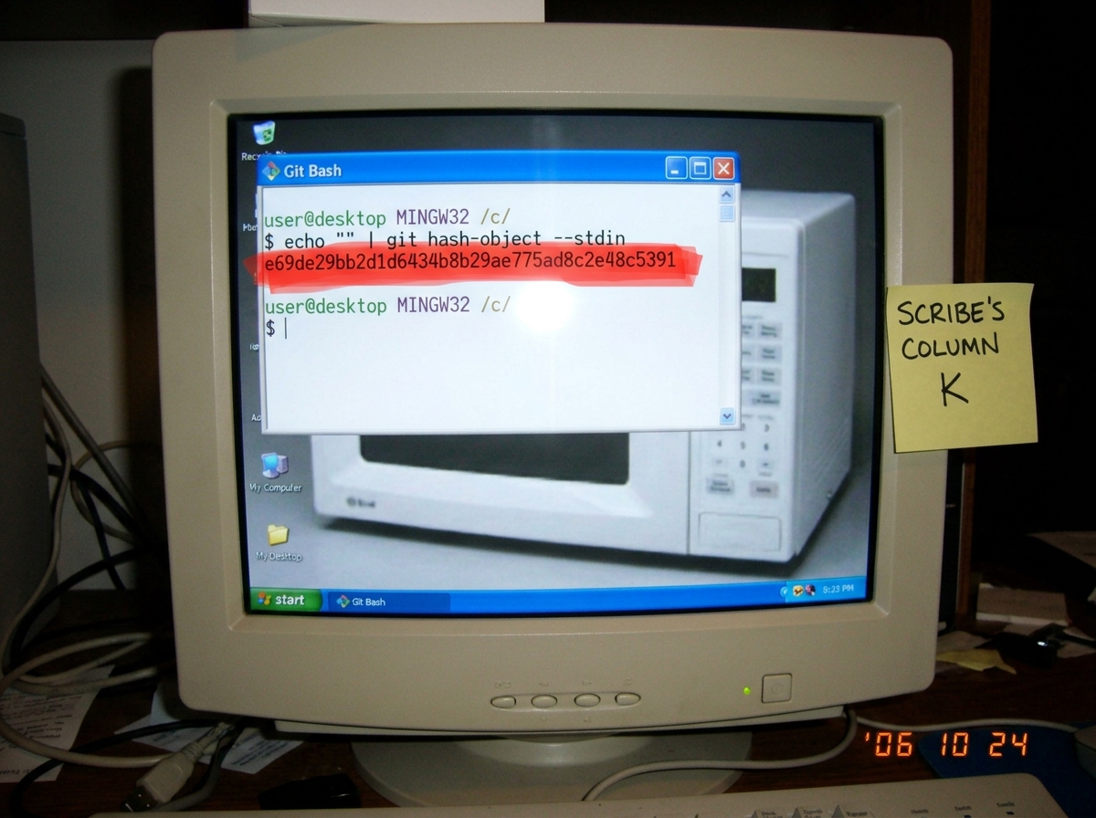 A screenshot of a git bash terminal showing the command `echo "" | git hash-object --stdin` and the output `e69de29bb2d1d6434b8b29ae775ad8c2e48c5391` highlighted in red. The terminal window has a sticky note taped to the monitor bezel reading "SCRIBE'S COLUMN K". The desktop background is a low-res 
