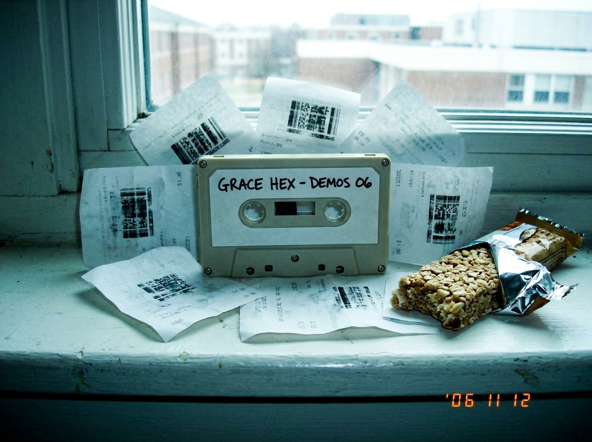 Blurry phone photo of a beige GRACE HEX cassette tape sitting on a dorm windowsill, surrounded by crumpled thermal paper receipts with gamma scan codes arranged like a shrine, next to a half-eaten stale granola bar