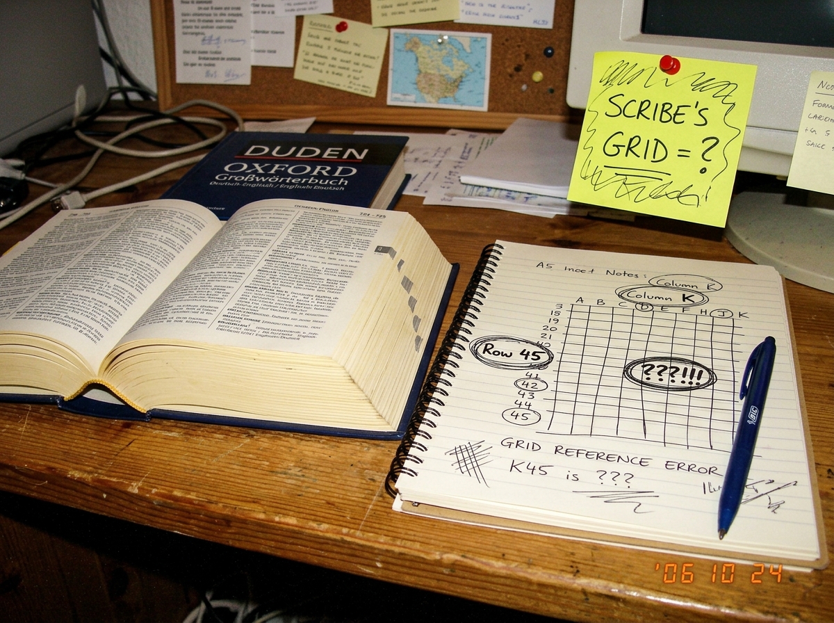 A photograph of a desk with an open German-English dictionary (Duden Oxford) next to a notebook. The notebook page shows a hand-drawn grid with 'Row 45' and 'Column K' written in the margins, circled multiple times, with '???!!!' next to it. A pen sits diagonally across the page. In the background,