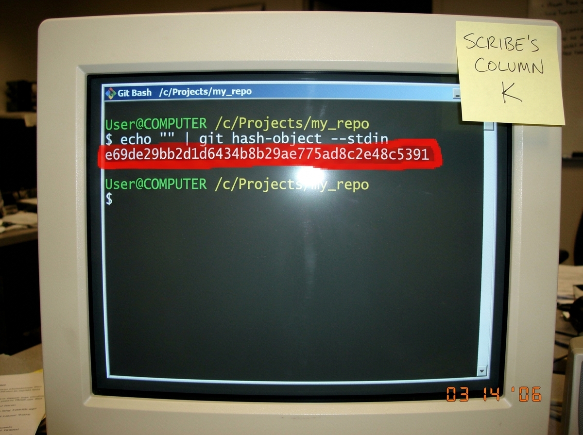 A screenshot of a git bash terminal showing the command `echo "" | git hash-object --stdin` and the output `e69de29bb2d1d6434b8b29ae775ad8c2e48c5391` highlighted in red. A sticky note taped to the monitor bezel reads "SCRIBE'S COLUMN K".