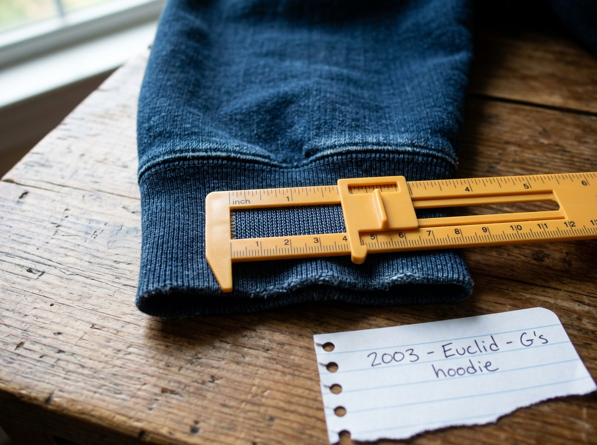 A close-up photograph of a denim hoodie cuff on a wooden table, with a yellow plastic sewing gauge laid across the fabric measuring the thread count. The gauge shows approximately 47 threads per inch. Natural window light. The photo is slightly blurry at the edges, taken with an early 2000s digital 