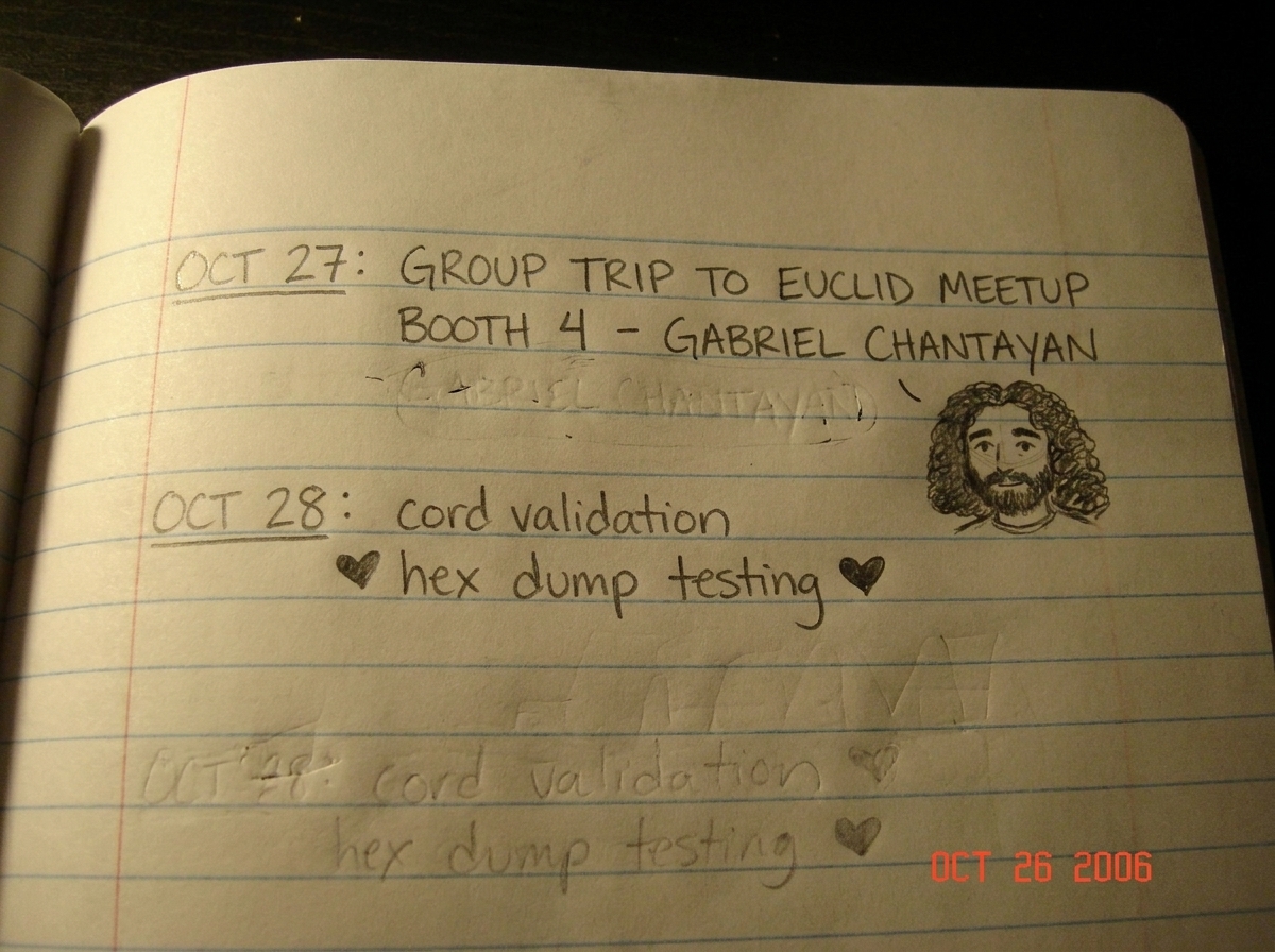 A lined school notebook page showing a hand-drawn schedule for a theoretical group trip to see Gabriel Chantayan at Euclid meetup booth 4, with penciled-in dates and little hearts drawn around the words 'cord validation' and 'hex dump testing'.