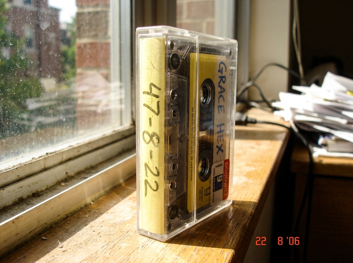 A GRACE HEX Goodwill cassette tape sitting on a dorm windowsill with afternoon light hitting the label, showing handwritten yellow grease pencil markings '47-8-22' on the spine