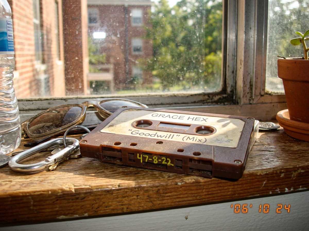 A GRACE HEX Goodwill cassette tape sitting on a dorm windowsill with afternoon light hitting the label, showing handwritten yellow grease pencil markings '47-8-22' on the spine. The tape is slightly dusty, brown plastic shell, late 80s design.