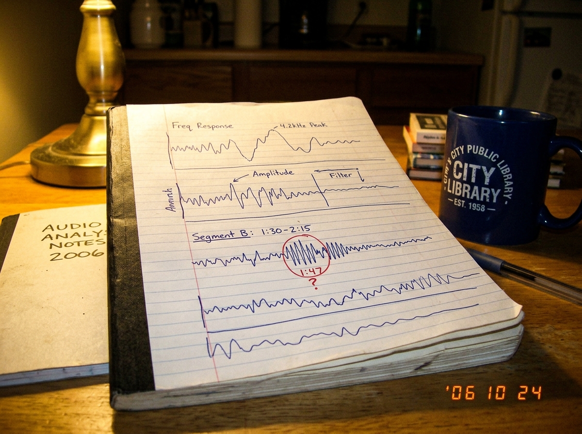 A page from a composition notebook resting on a kitchen table under a warm lamp. The page is filled with hand-drawn waveform analysis of a segment of audio, with 1:47 circled in red ink and a question mark. A coffee mug with a library logo sits beside it. The lamp glow casts long shadows across the