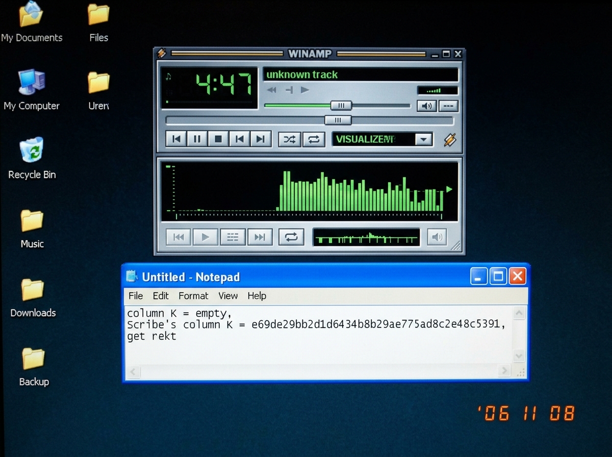 A screenshot of a Windows Winamp 2.91 player window showing a song titled 'unknown track' with playback time displaying 4:47 elapsed. The window is positioned on a dark desktop with several folders visible. The Winamp skin is the classic default skin. Below the player window is a Notepad window with