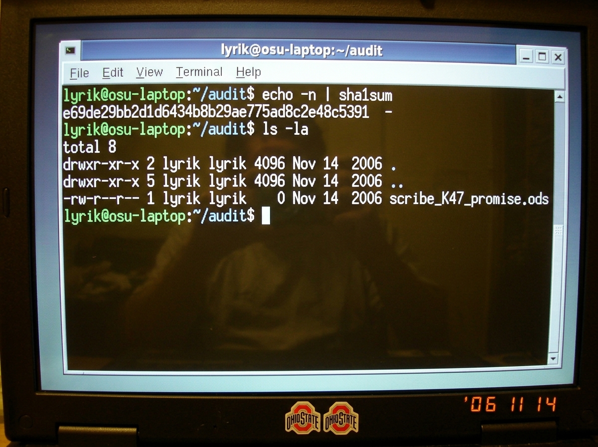 A screenshot of a Linux terminal window showing the command 'echo -n | sha1sum' and its output: e69de29bb2d1d6434b8b29ae775ad8c2e48c5391. Below it, a second command 'ls -la' showing a file called 'scribe_K47_promise.ods' with size listed as 0 bytes (empty file). The terminal has a dark background wi