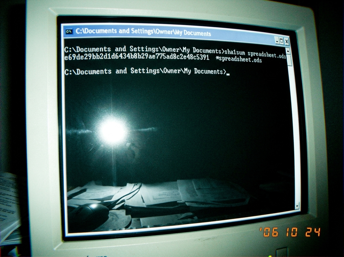 A screenshot of a Windows command prompt window showing the output of 'sha1sum spreadsheet.ods' with the hash e69de29bb2d1d6434b8b29ae775ad8c2e48c5391 visible, cursor blinking at the next line.