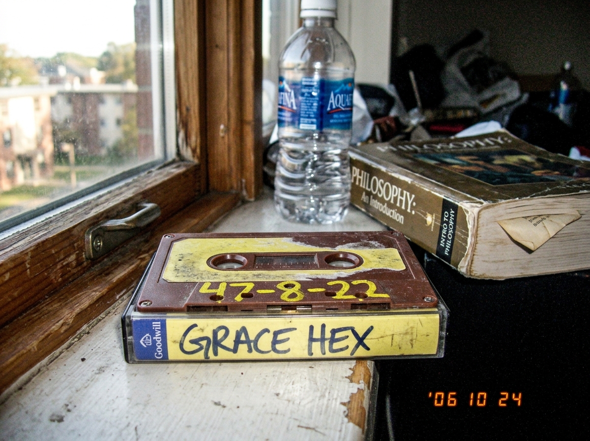 A GRACE HEX Goodwill cassette tape sitting on a dorm windowsill with afternoon light hitting the yellow grease pencil markings '47-8-22' on the spine. The tape has a brown plastic shell, late 80s design, slightly dusty. Visible in the background is a half-empty water bottle and a Philosophy textbook