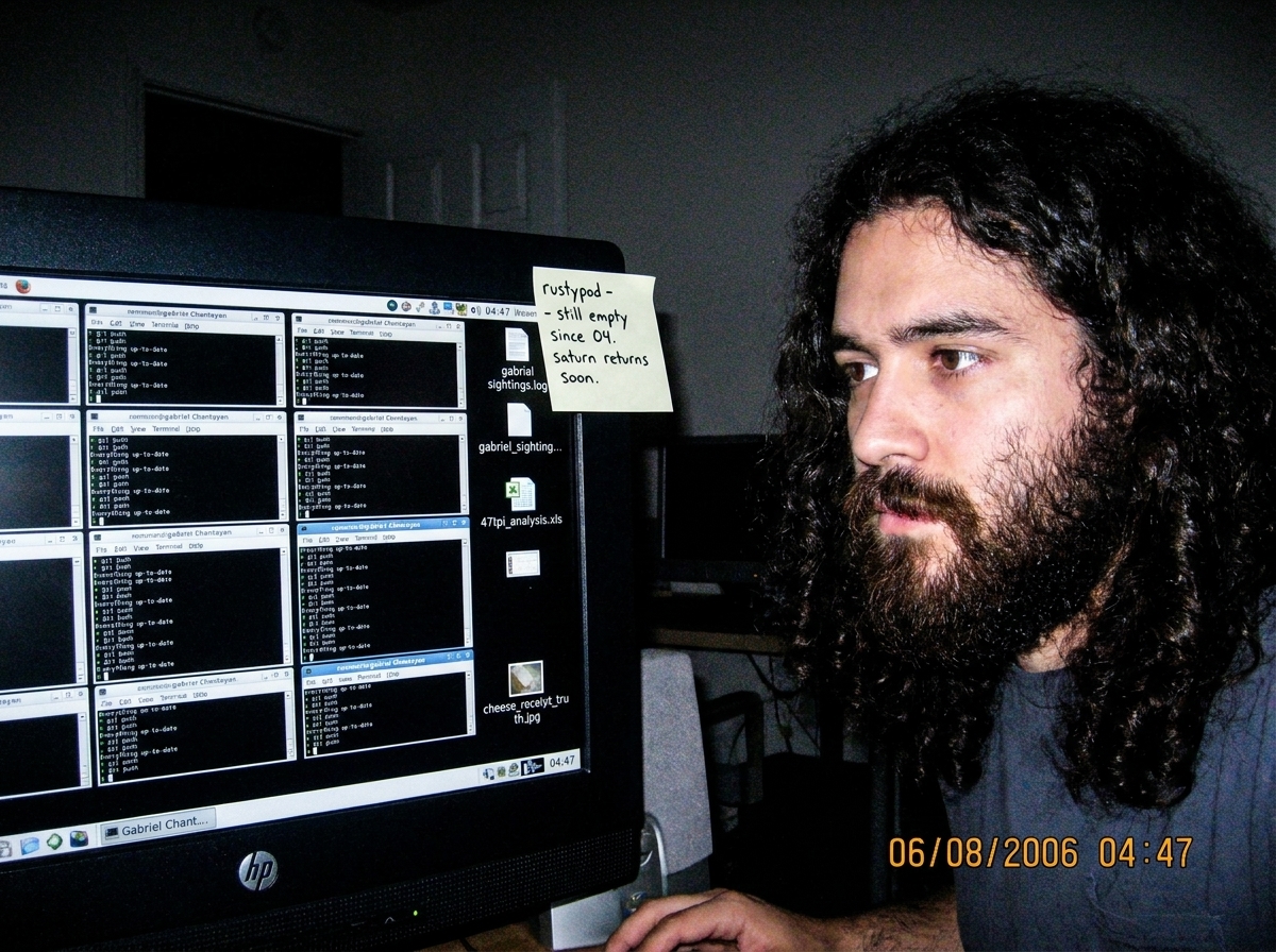 A crudely photoshopped image of a desktop wallpaper showing a terminal window with 'git push' and the output 'Everything up-to-date' repeated 47 times in a grid pattern. The taskbar shows the time as 04:47. A sticky note on the monitor bezel reads 'rustypod - still empty since 04. saturn returns soo