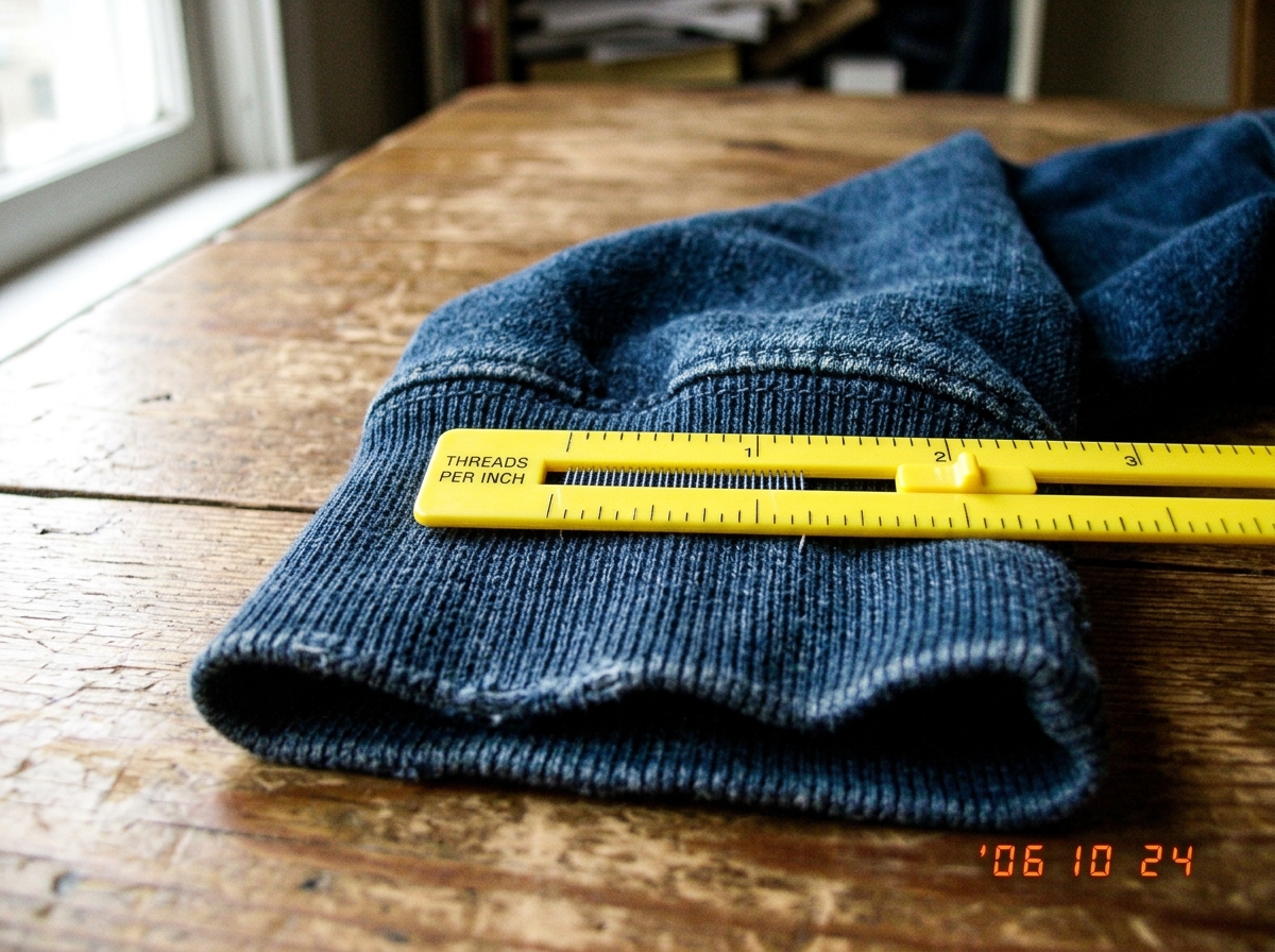 A close-up photograph of a denim hoodie cuff on a wooden table, with a yellow plastic sewing gauge laid across the fabric measuring the thread count. The gauge shows approximately 47 threads per inch. Natural window light. The photo is slightly blurry at the edges, taken with an early 2000s digital 
