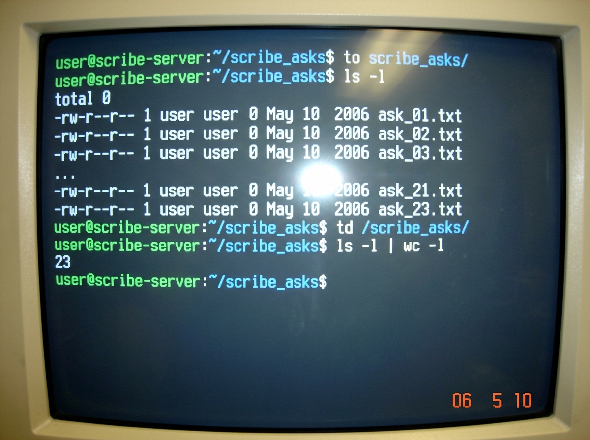A screenshot of a Linux terminal window showing a file count of exactly 23 text files in a directory named 'scribe_asks/', each named 'ask_01.txt' through 'ask_23.txt', all with 0 bytes file size. Terminal is on a dark background with blue and green text.