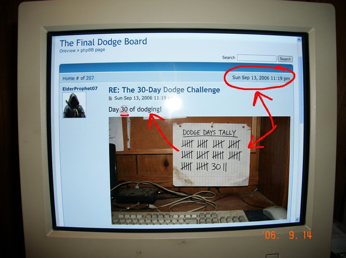 A screenshot of a forum thread timestamp showing 'Sun Sep 13, 2006 11:19 pm' next to a post by ElderProphet07 that reads 'Day 30 of dodging' with a red circle drawn around the date in MS Paint, arrows pointing to the 30 and to a tally chart in the background