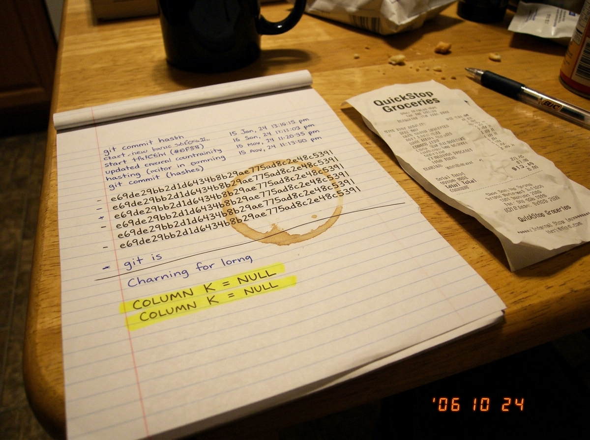 A crumpled receipt on a kitchen table next to a notebook page covered in handwritten git commit hashes and timestamps, with a coffee cup ring overlapping 'e69de29bb2d1d6434b8b29ae775ad8c2e48c5391' written in blue ink. A yellow highlighter marks 'COLUMN K = NULL' on the notebook page. Low lamp lighti