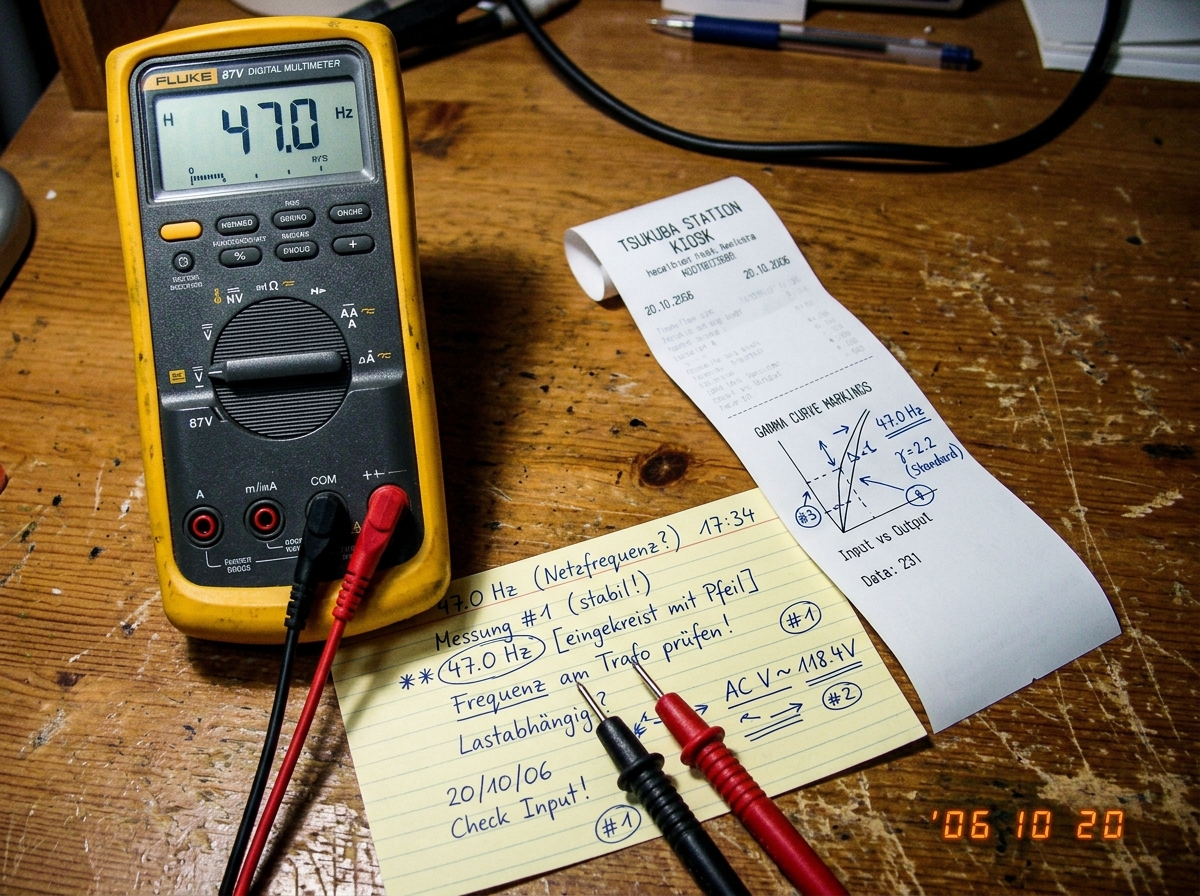 A close-up photo of a Fluke 87V multimeter on a wooden dorm desk, its probes resting on a yellowed index card covered in bilingual handwritten notes mixing German and English with circled numbers and arrows. The LCD display shows a stable 47.0 Hz reading. Next to the multimeter lies a thermal paper 