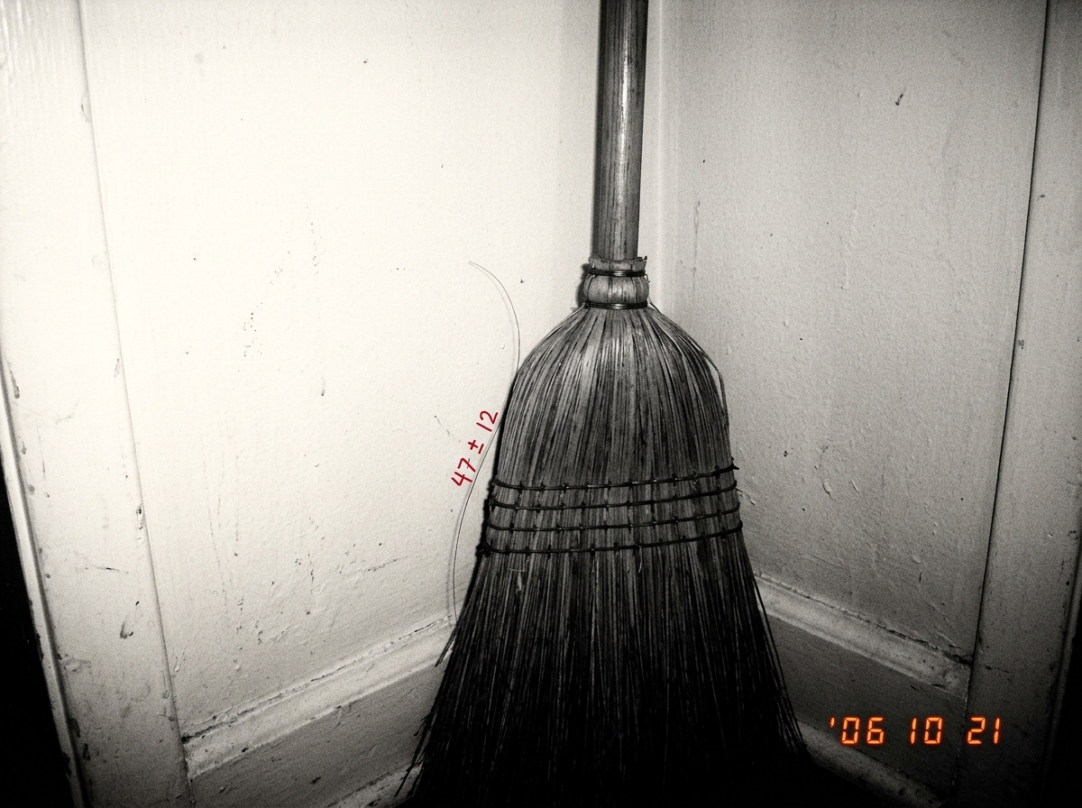 A black-and-white photo of a broom leaning against a wall with a single long hair clinging to the bristles. The hair is labeled with tiny handwritten numbers '47 ± 12' in red ink.