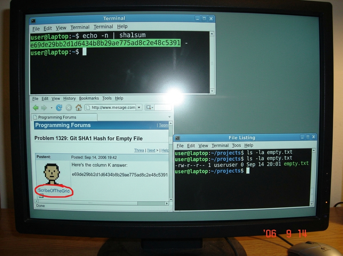 Screenshot of a terminal window showing 'git hash-object' output. The command '$ echo -n | sha1sum' is visible, with the result 'e69de29bb2d1d6434b8b29ae775ad8c2e48c5391' clearly highlighted. Below it, a second terminal shows the same hash posted as 'column K answer' in forum thread 1329, with Scrib