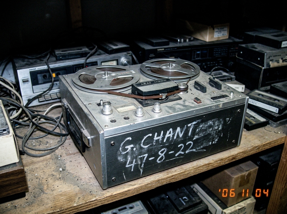 A reel-to-reel tape recorder with 'G.CHANT 47-8-22' written in grease pencil on the metal box, sitting on a dusty shelf with other old audio equipment. The lighting is dim, casting long shadows, and the grease pencil writing is slightly smudged as if handled many times.