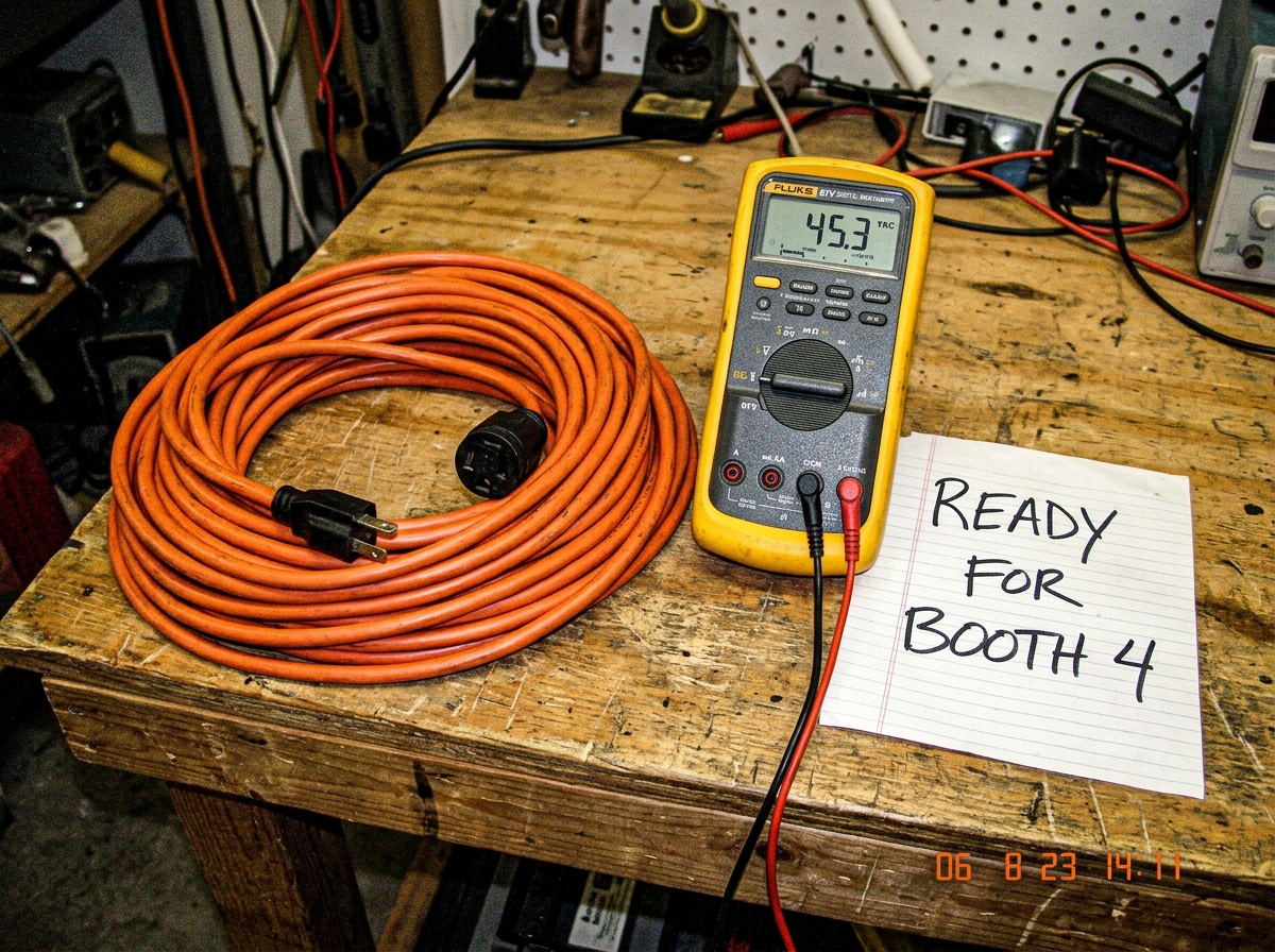 A coiled 16awg extension cord sitting next to a Fluke 87V multimeter on a wooden table, with a handwritten note that says 'READY FOR BOOTH 4' in messy marker