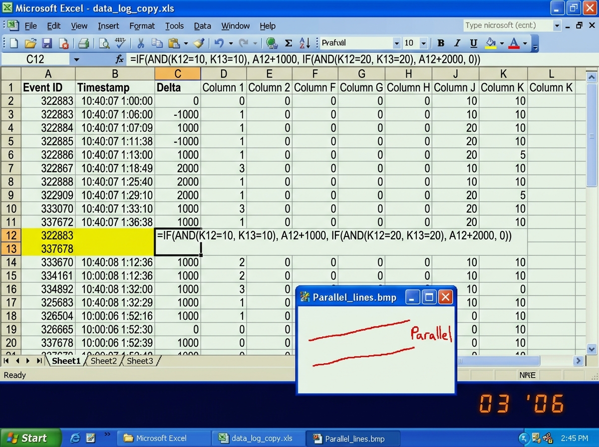 A screenshot of an Excel spreadsheet with columns labeled Event ID, Timestamp, Delta, and Column K. Rows show 322883 and 337678 with formulas highlighted in yellow. A small hand-drawn grid in the corner shows two parallel red lines that fail to intersect, with the word 'Parallel' written next to the
